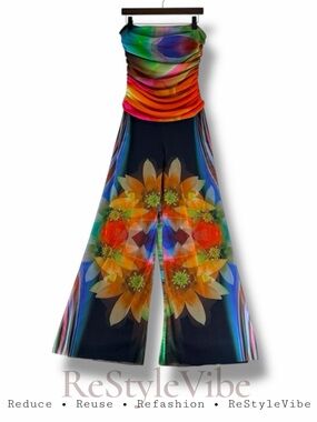 ELANA KATTAN Women’s Size L Romper Strapless Floral Design Lined Wide Leg Mesh